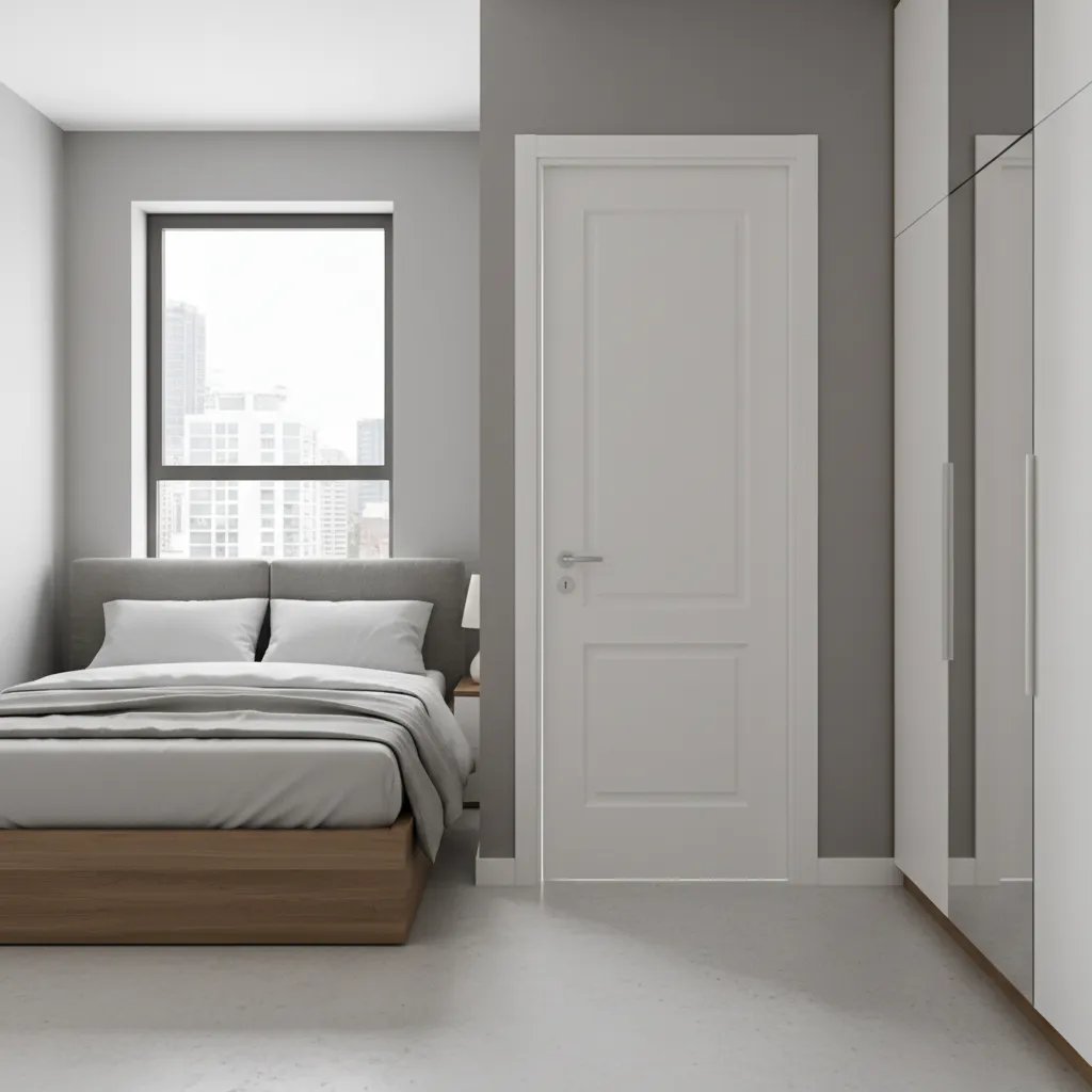 Modern bedroom design featuring a wooden bed, white door, grey wall, window, and white wardrobes
