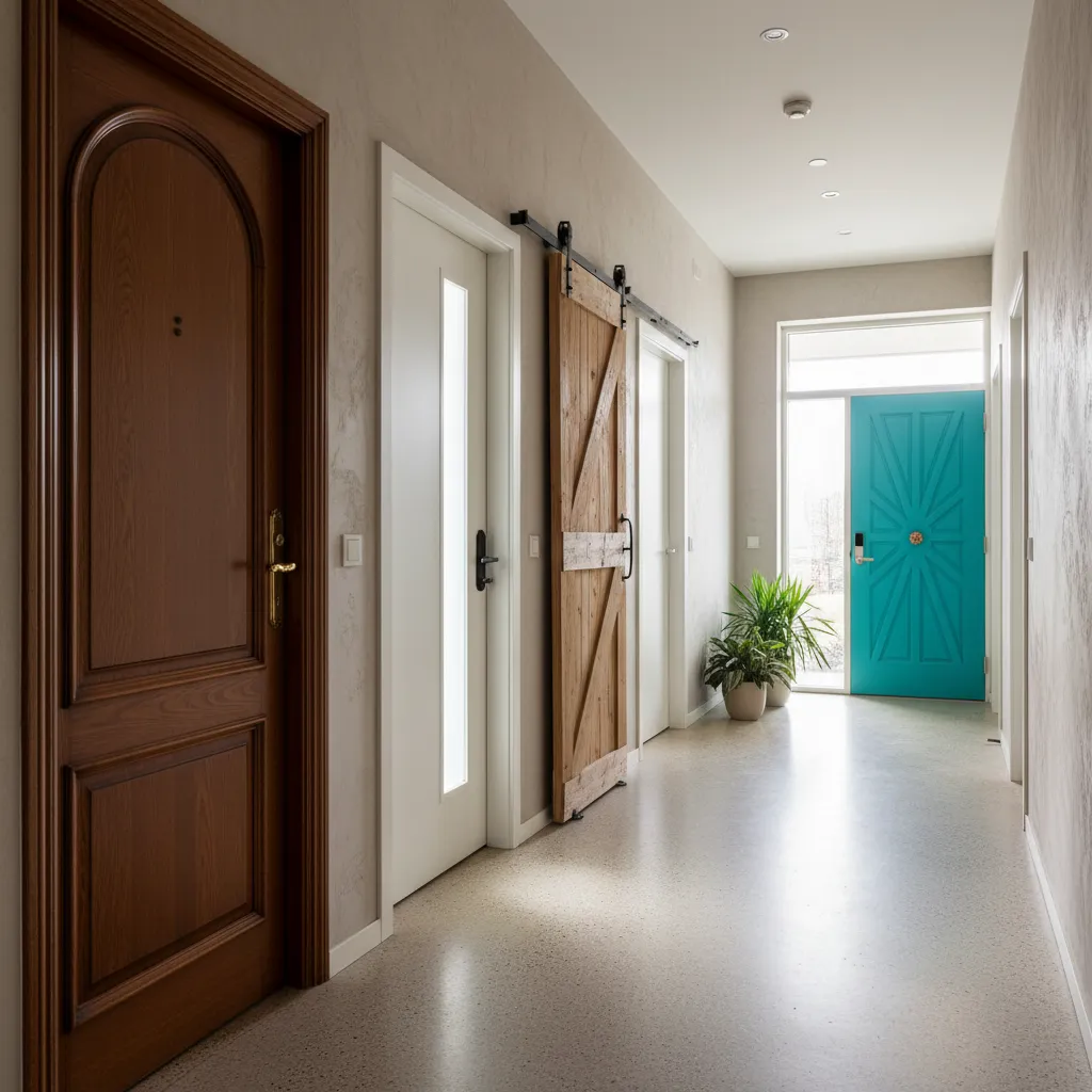 Pasillo con puertas interiores de estilos diferentes creando incoherencia visual