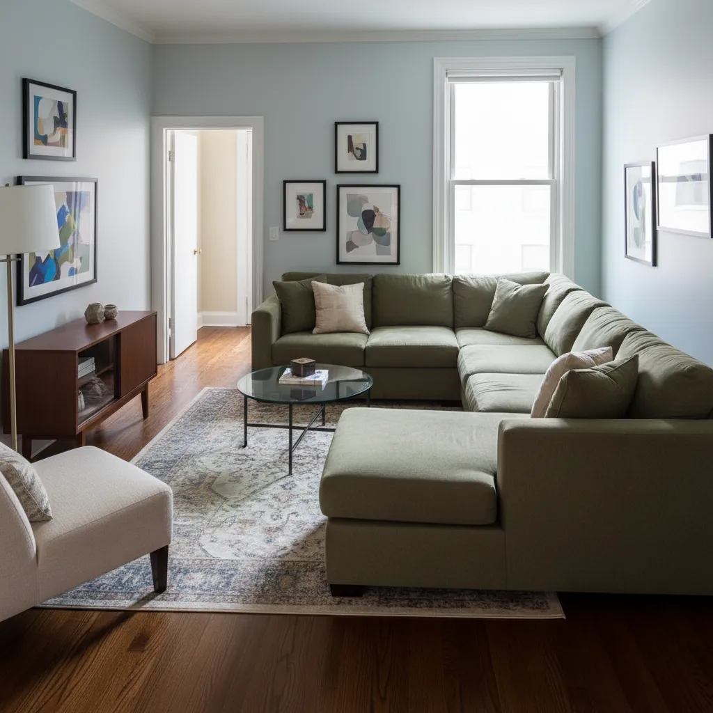 Light blue living room featuring green sofa, glass coffee table, patterned rug, and wooden cabinet