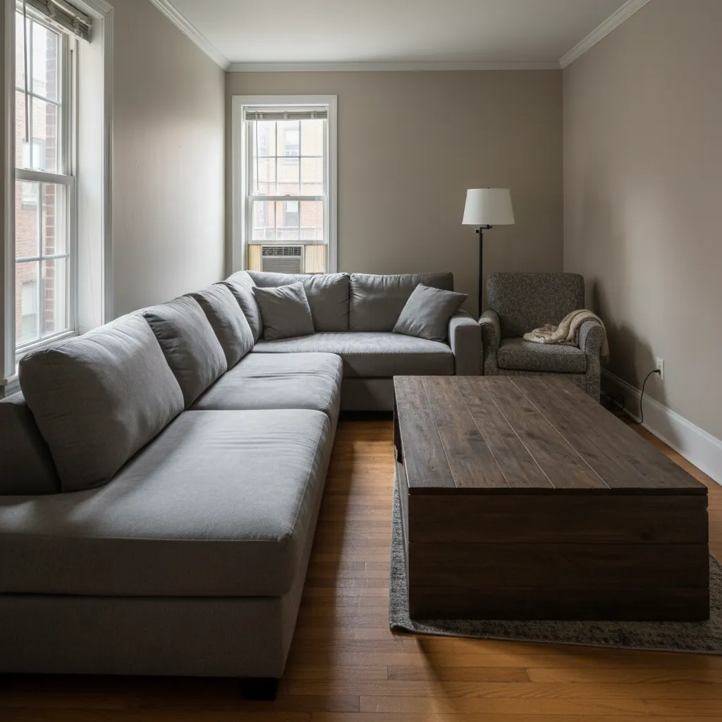 Living room with grey sofa, large wooden coffee table, armchair, floor lamp, and two bright windows