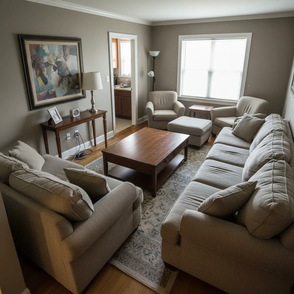 Salón con mala distribución de muebles y circulación incómoda