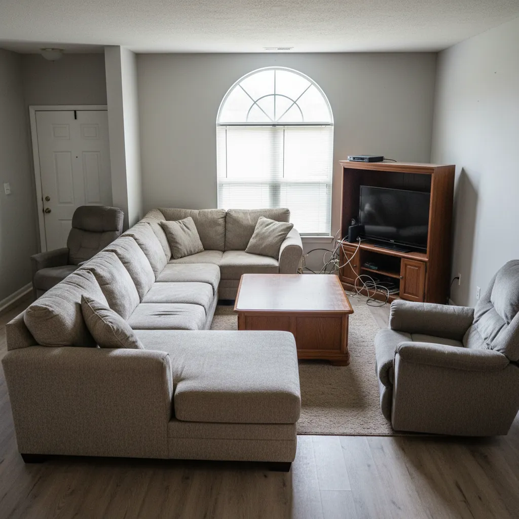 Salón con mala distribución de muebles que dificulta la circulación