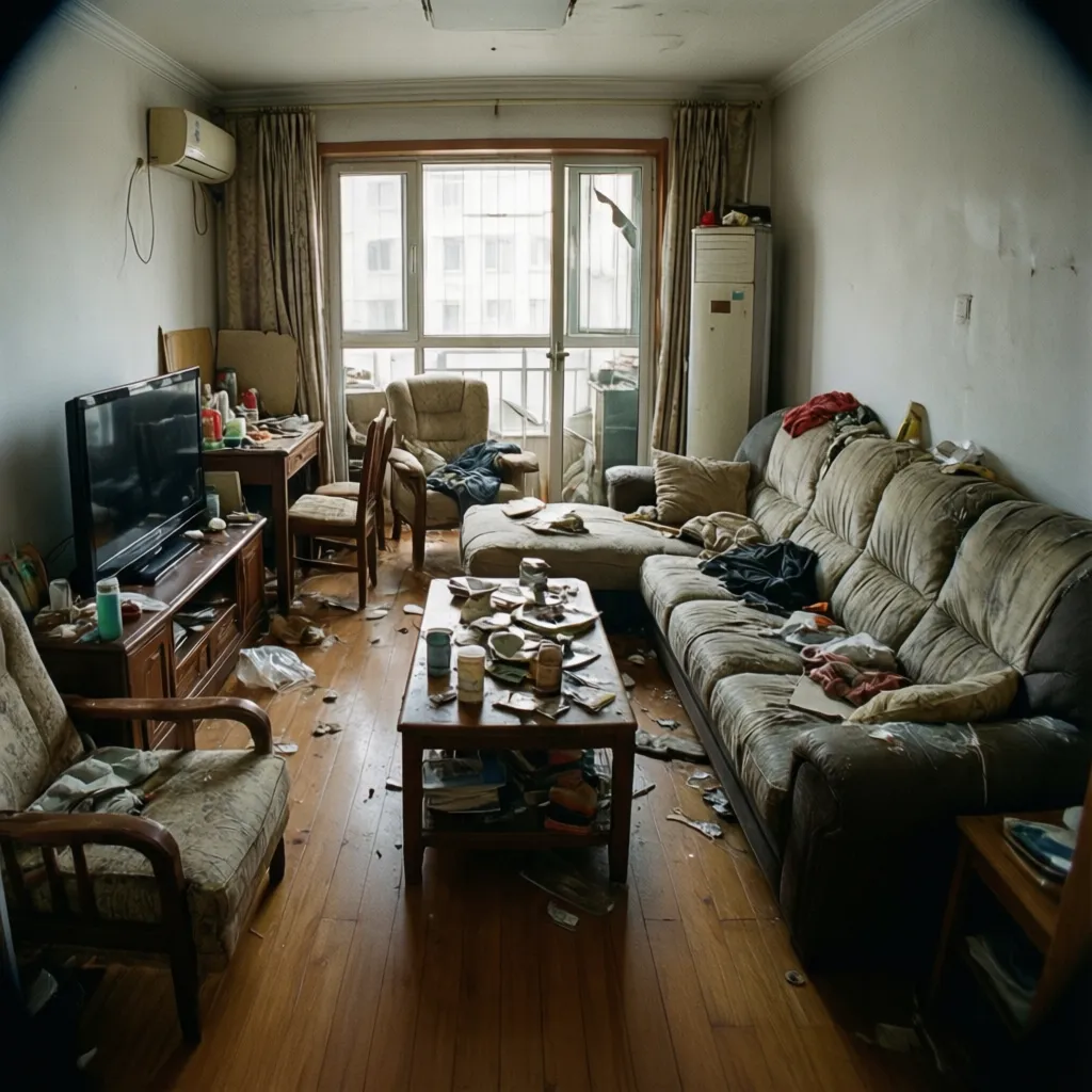 Dirty living room with trash on floor messy brown sofa and a cluttered coffee table