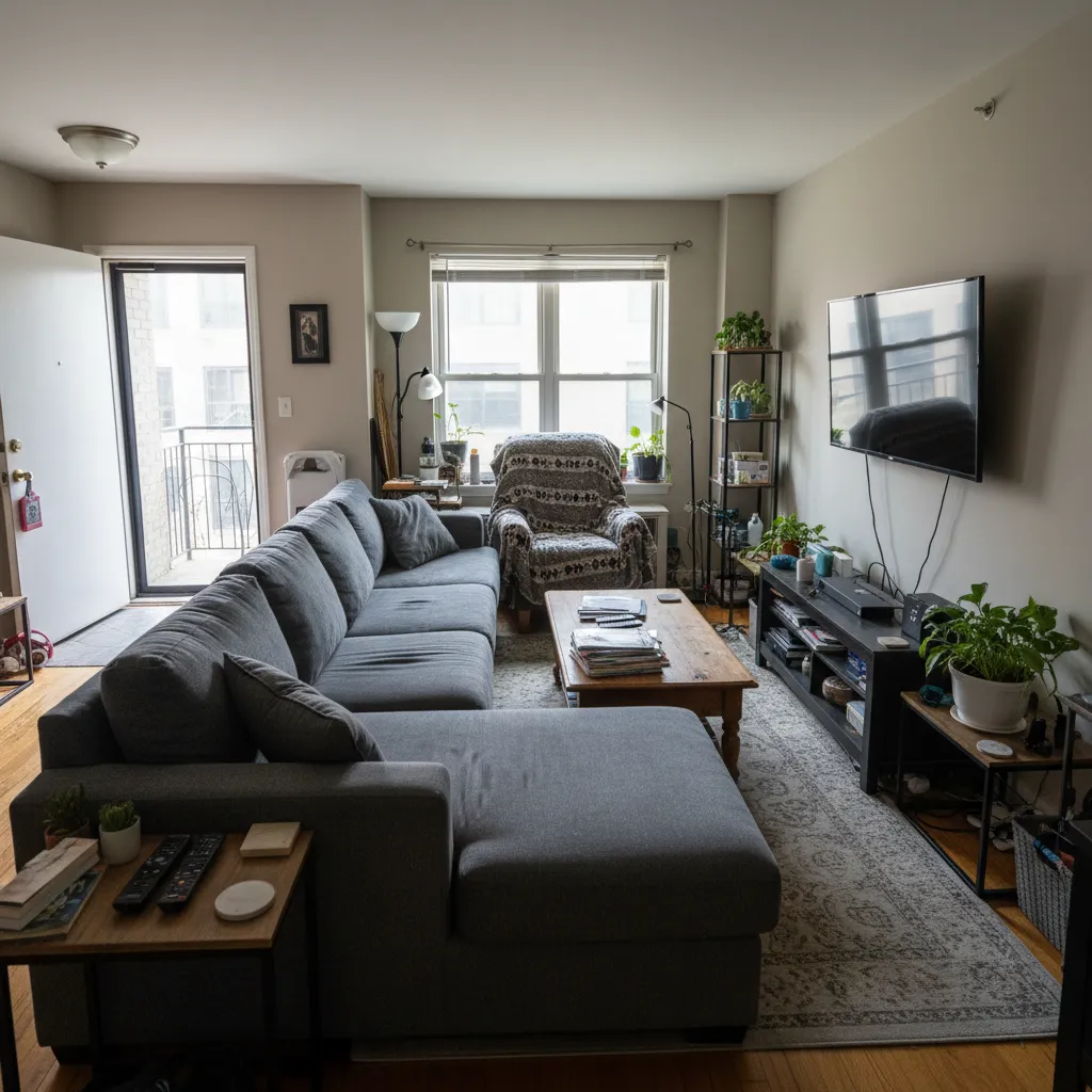 Narrow living room with grey sofa, wooden coffee table, black cabinet, plants, and natural light