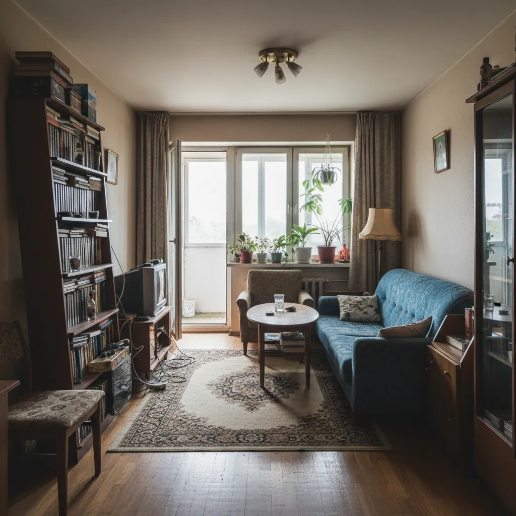 Salón mal distribuido con sofá bloqueando el paso