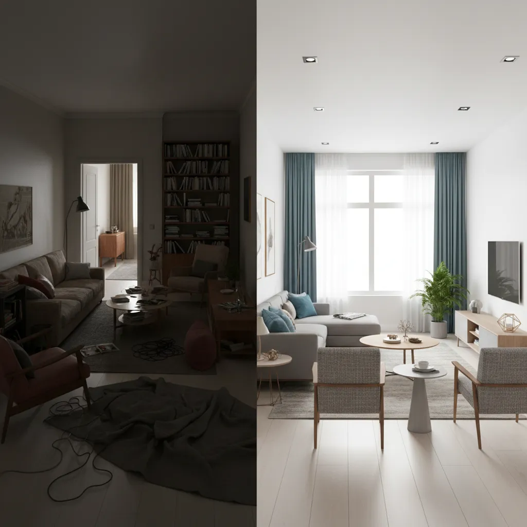 Comparación de un salón mal distribuido frente a uno correctamente diseñado