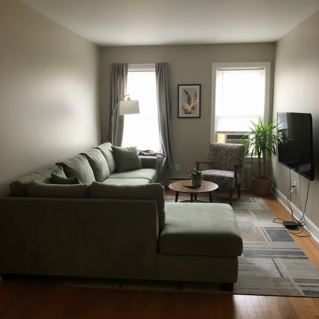 Sala de estar con mala distribución de muebles