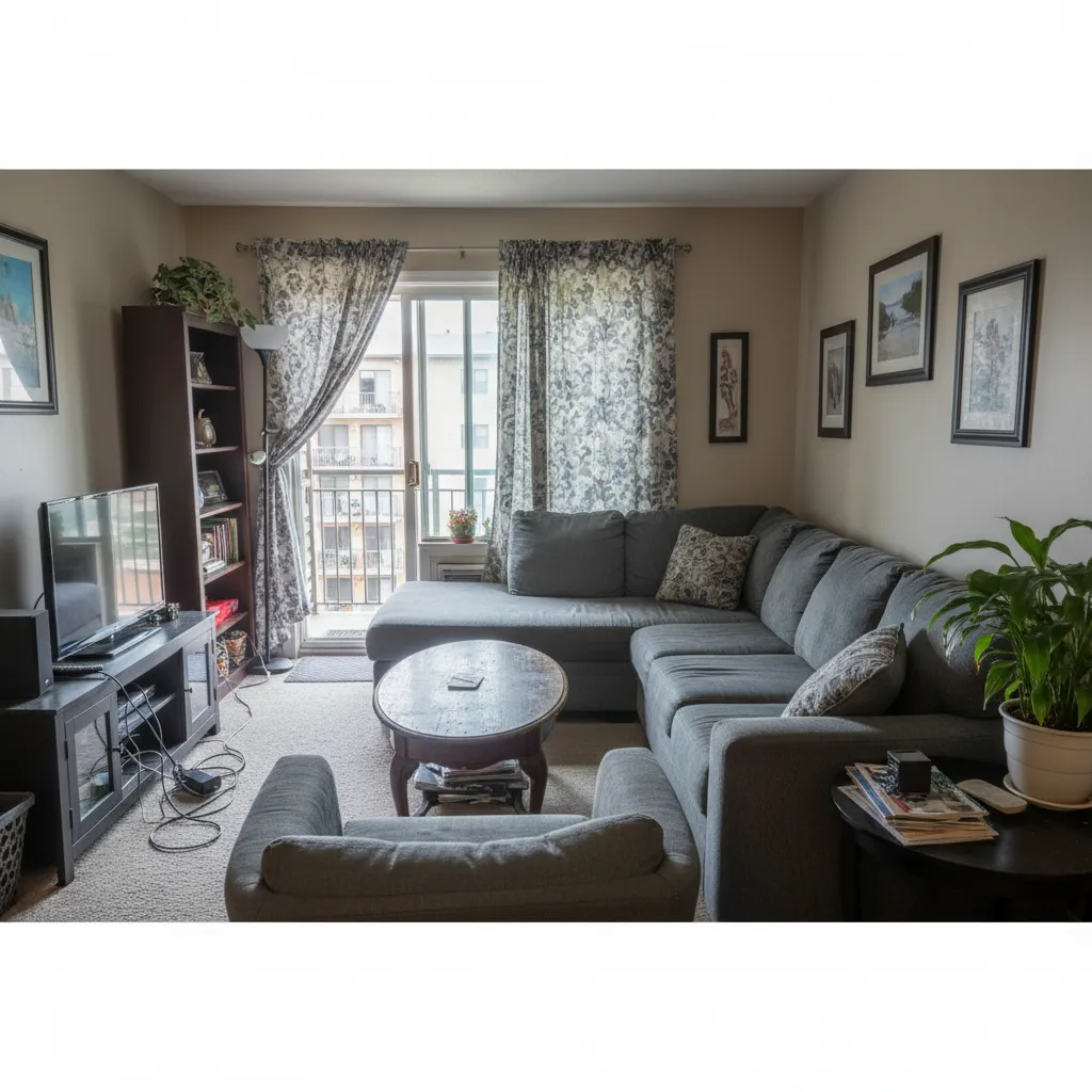 Messy living room with grey sofa wooden coffee table black TV stand and patterned curtains