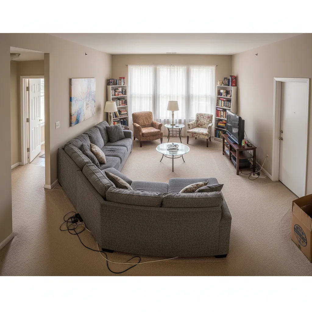 Sala con distribución incorrecta y muebles demasiado grandes