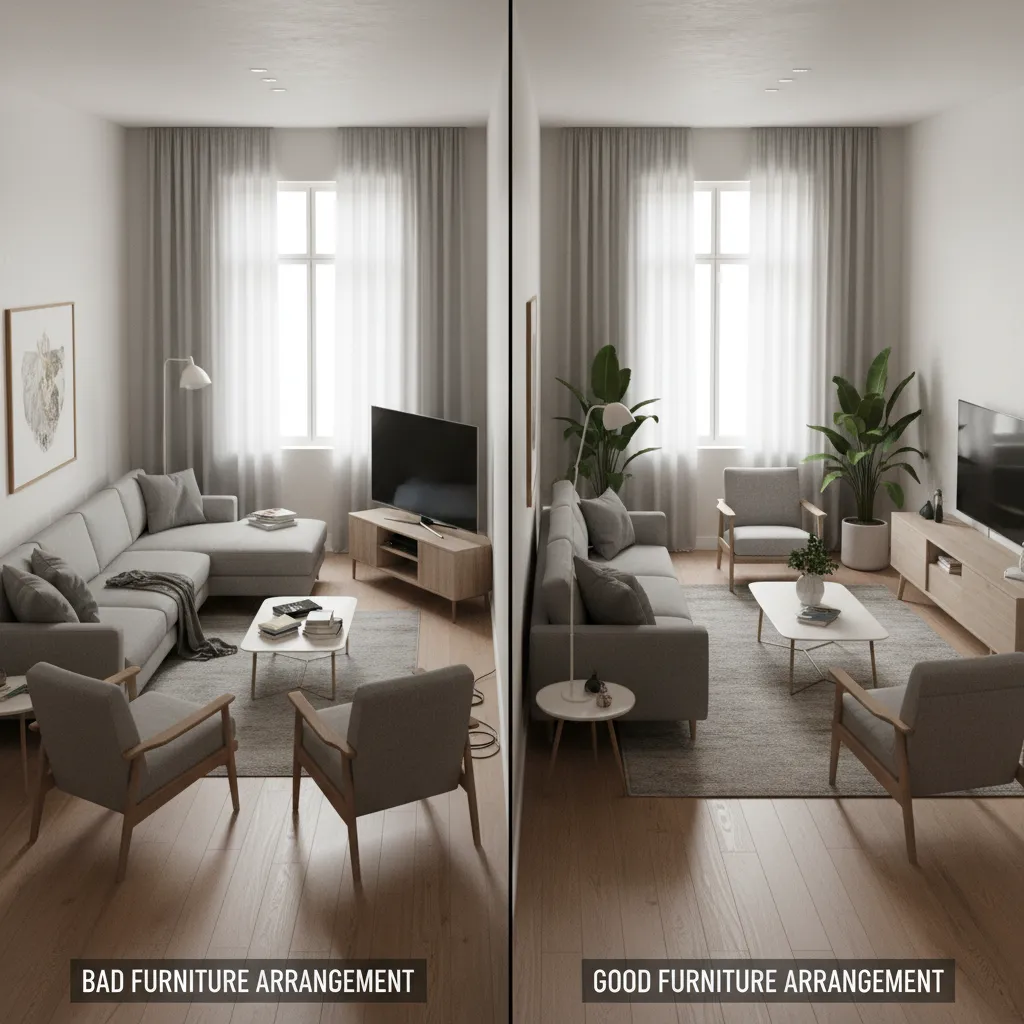 Comparison showing bad versus good furniture arrangement in a living room with sofa and television