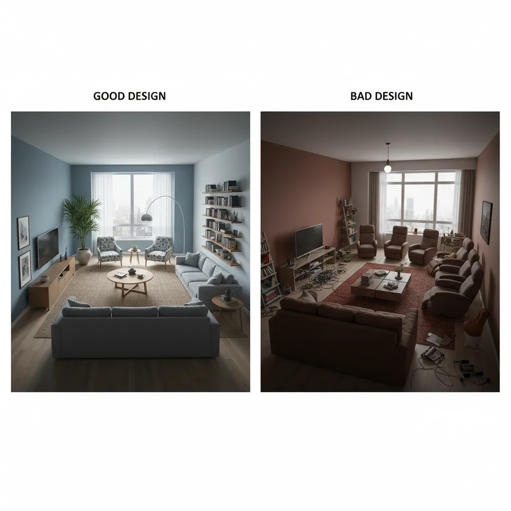 Comparación visual de un salón mal distribuido y uno bien diseñado