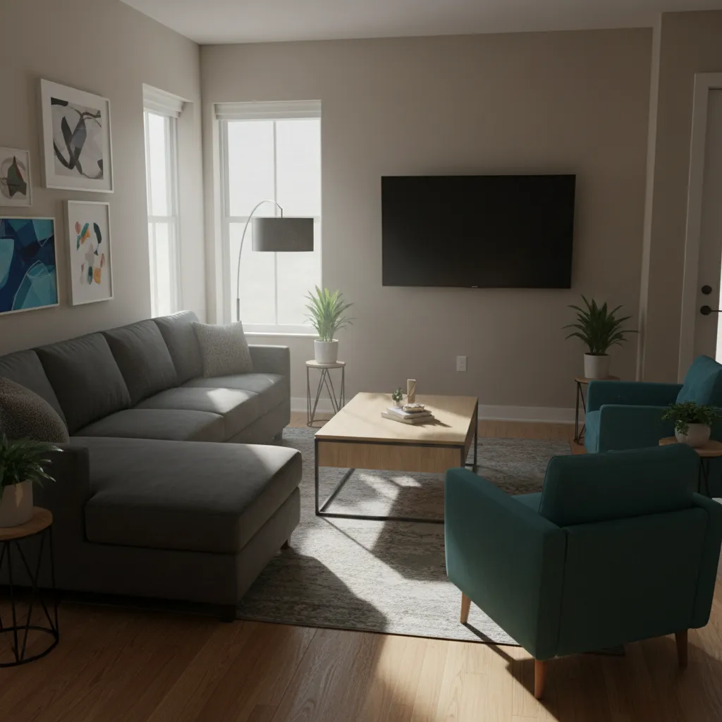 Sala de estar con mala distribución de muebles que dificulta el paso