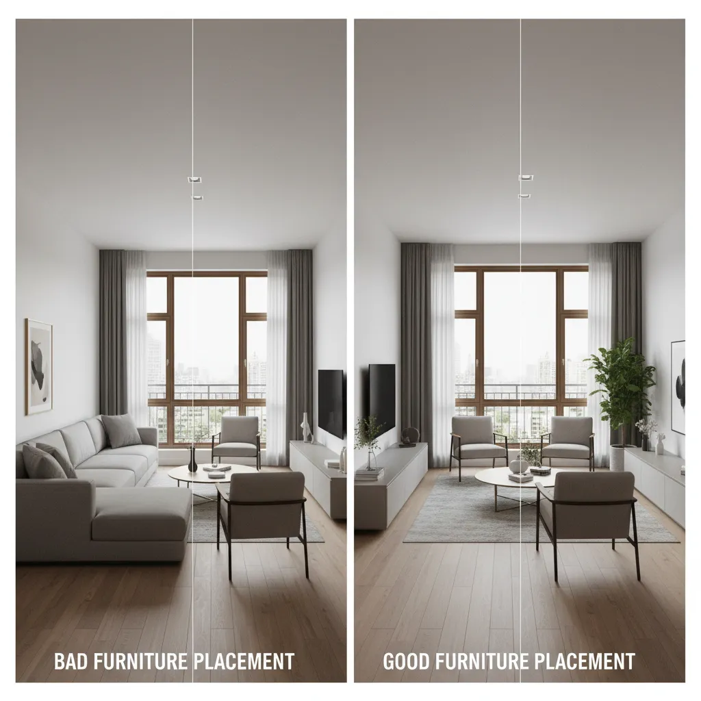 Comparación de mala y buena distribución de muebles en un salón