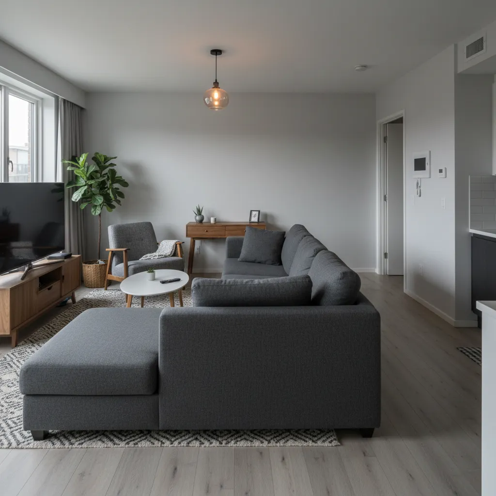 Modern living room featuring a grey sofa, wooden furniture, white coffee table, and a plant