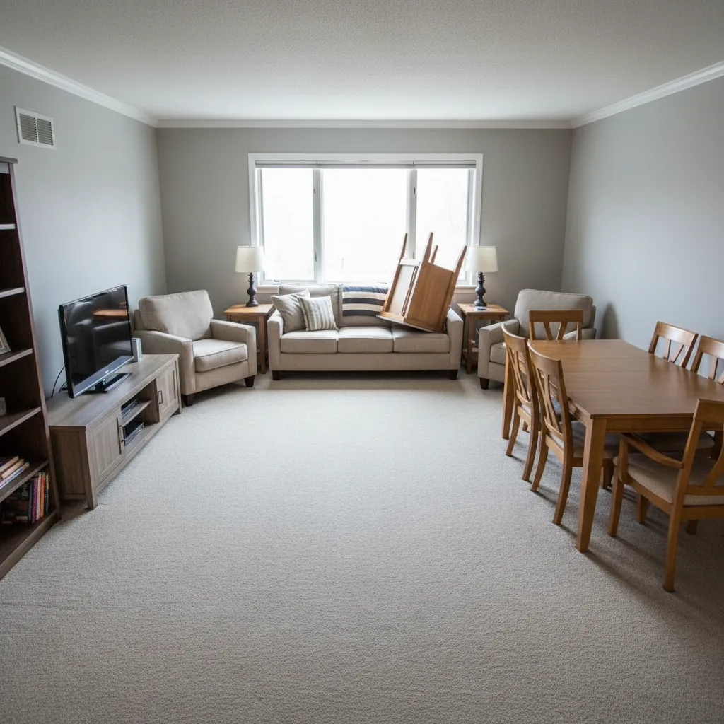 Salón con muebles pegados a las paredes mostrando mala distribución