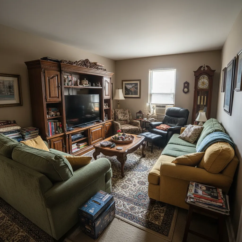 Traditional living room with a wooden cabinet, green sofa, yellow sofa, patterned rug, and clock