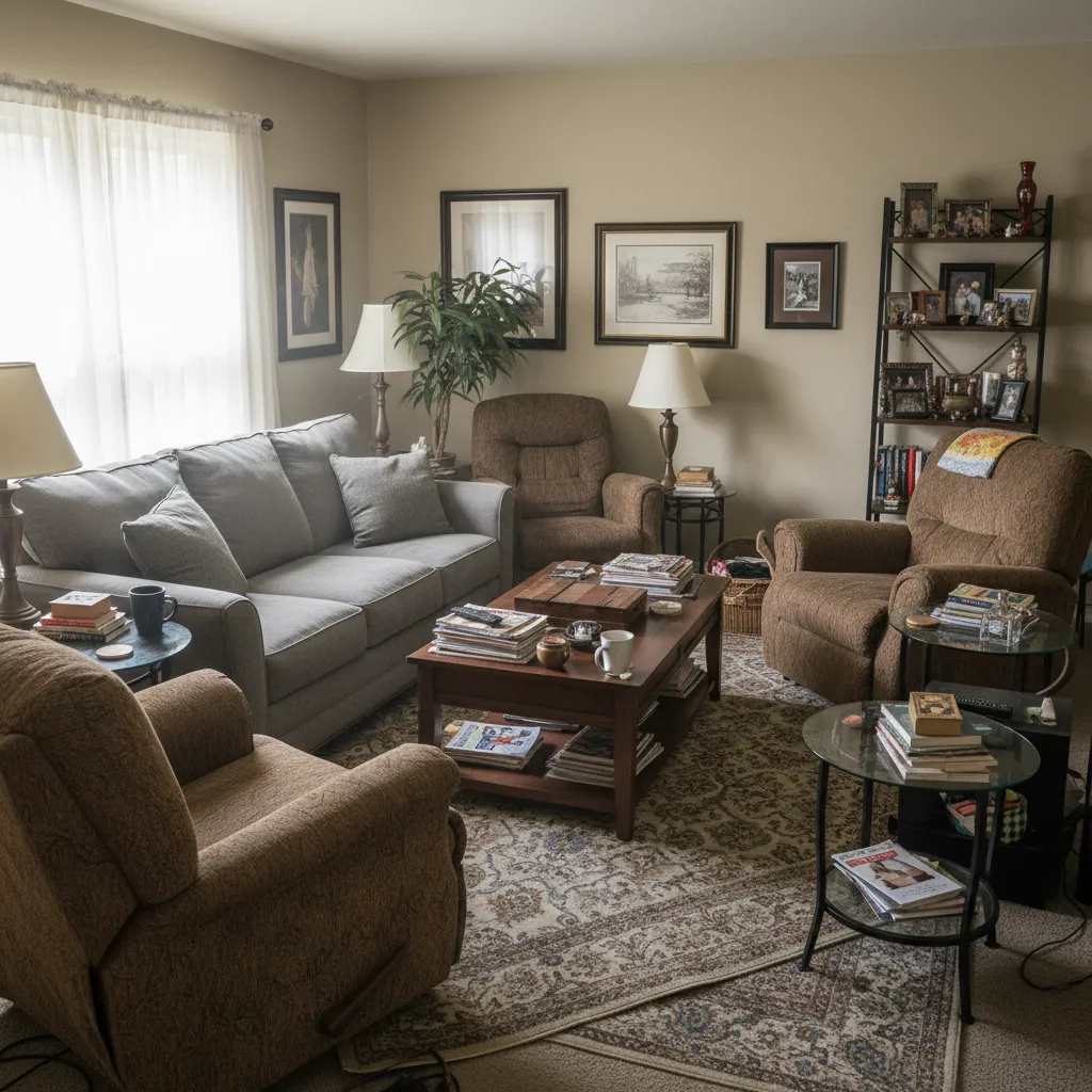 sala pequeña con demasiados muebles mostrando mala distribución