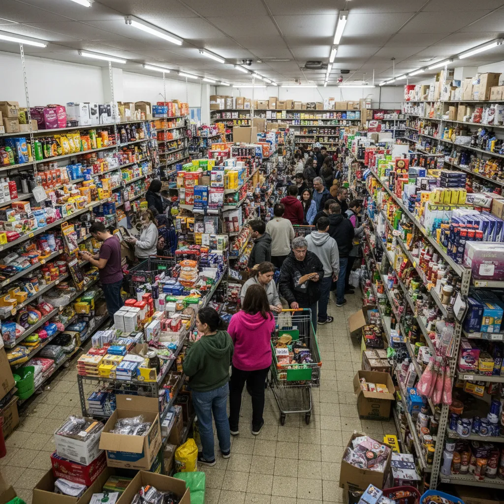 Interior de tienda con pasillos estrechos y exceso de productos