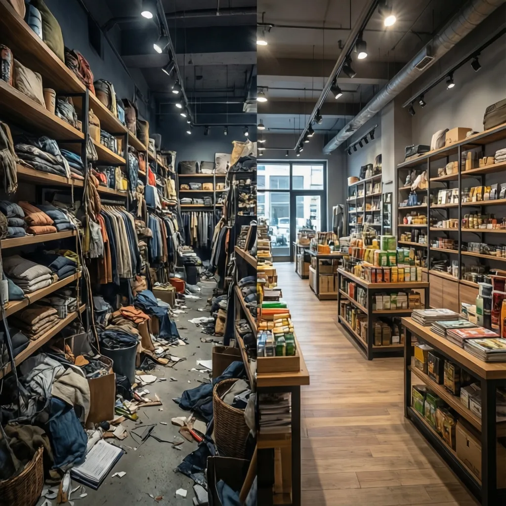 Comparación visual entre un layout de tienda mal organizado y uno optimizado
