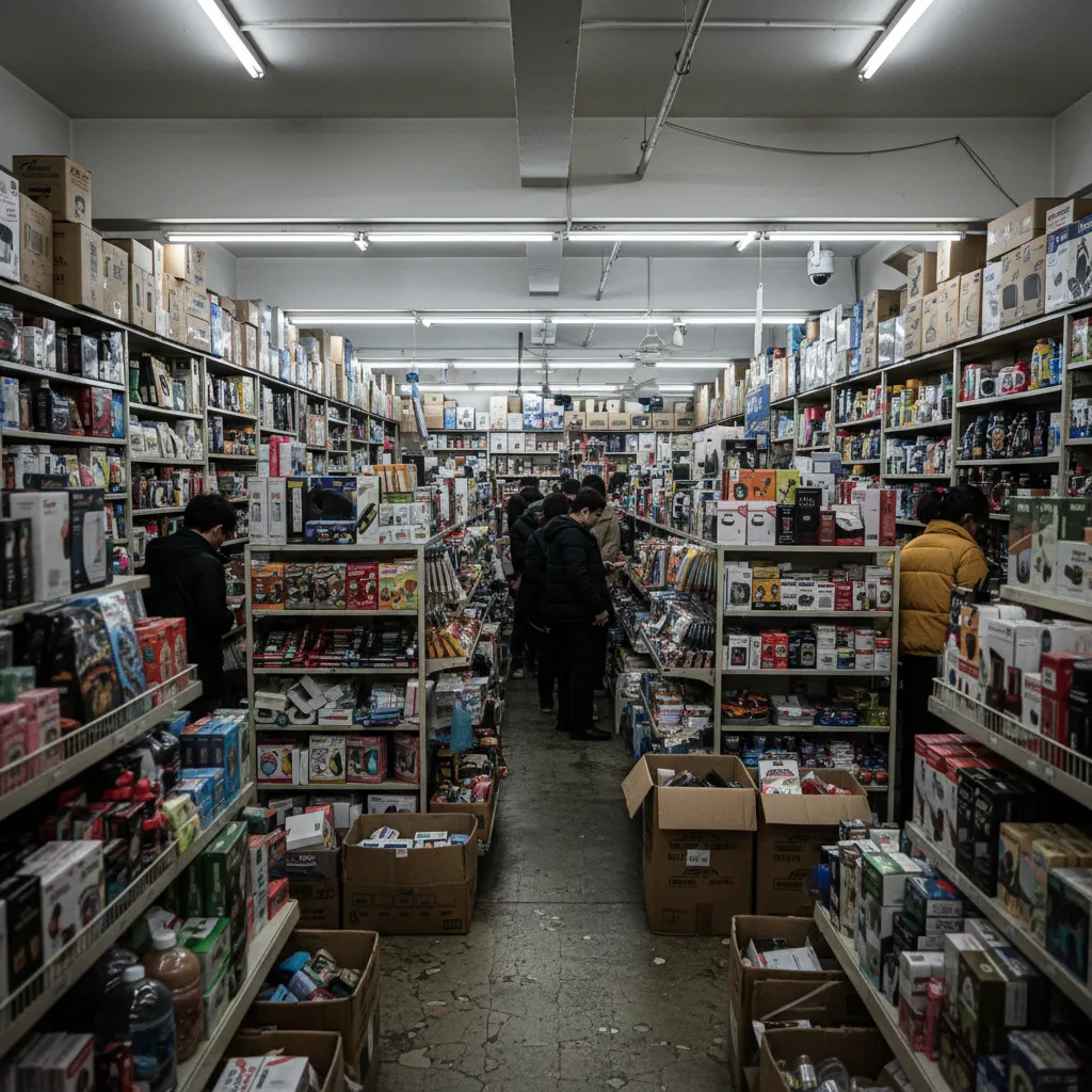 Messy crowded retail shop with tall shelves full of products and boxes on the floor