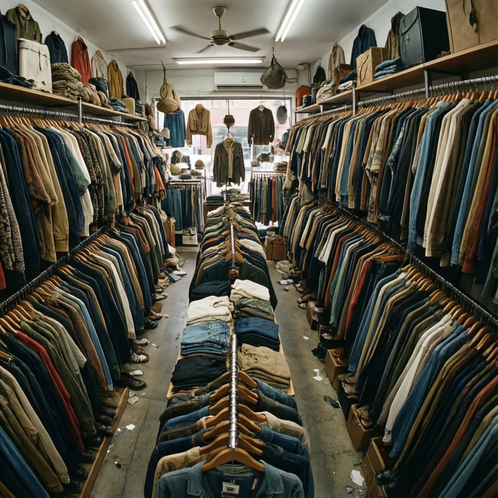 Tienda de ropa con demasiados muebles y racks saturando el espacio