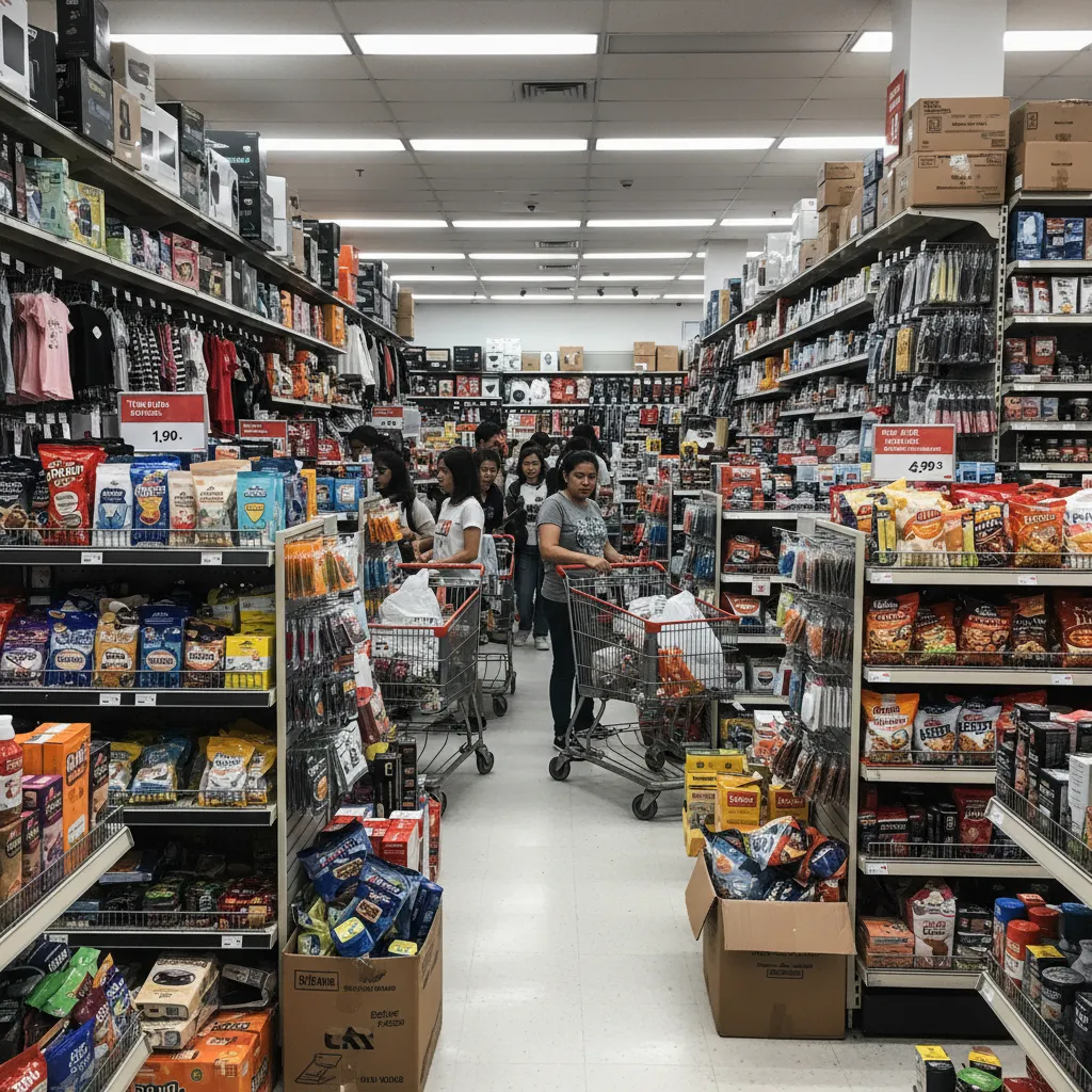 Crowded supermarket aisle with packed shelves and many people pushing shopping carts in the space