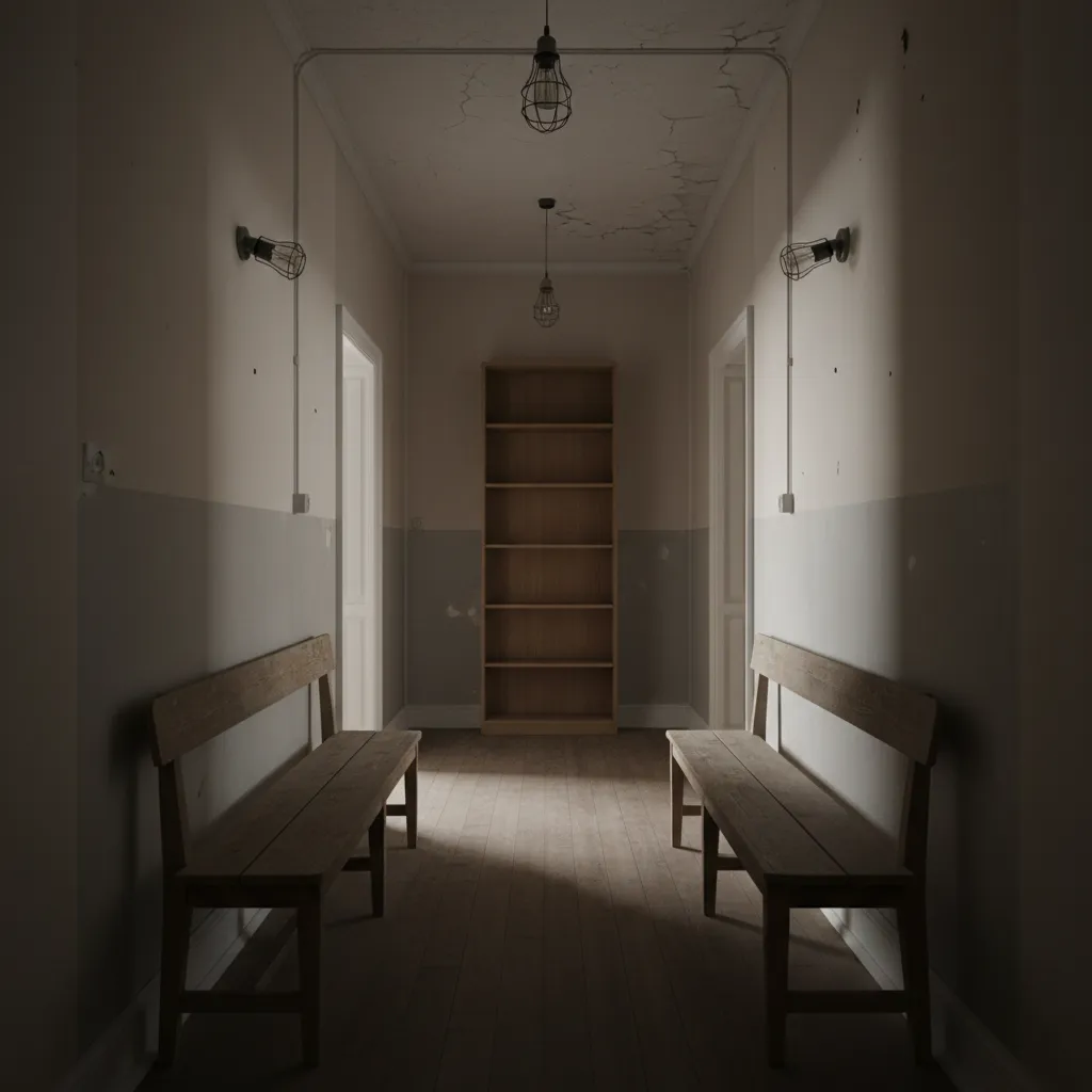 Simple hallway with two wooden benches tall bookshelf white walls ceiling light and wall lights