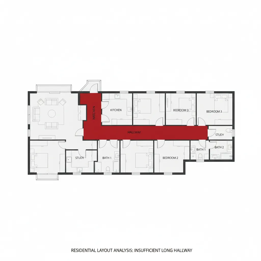 Plano de casa con pasillo largo mostrando mala distribución