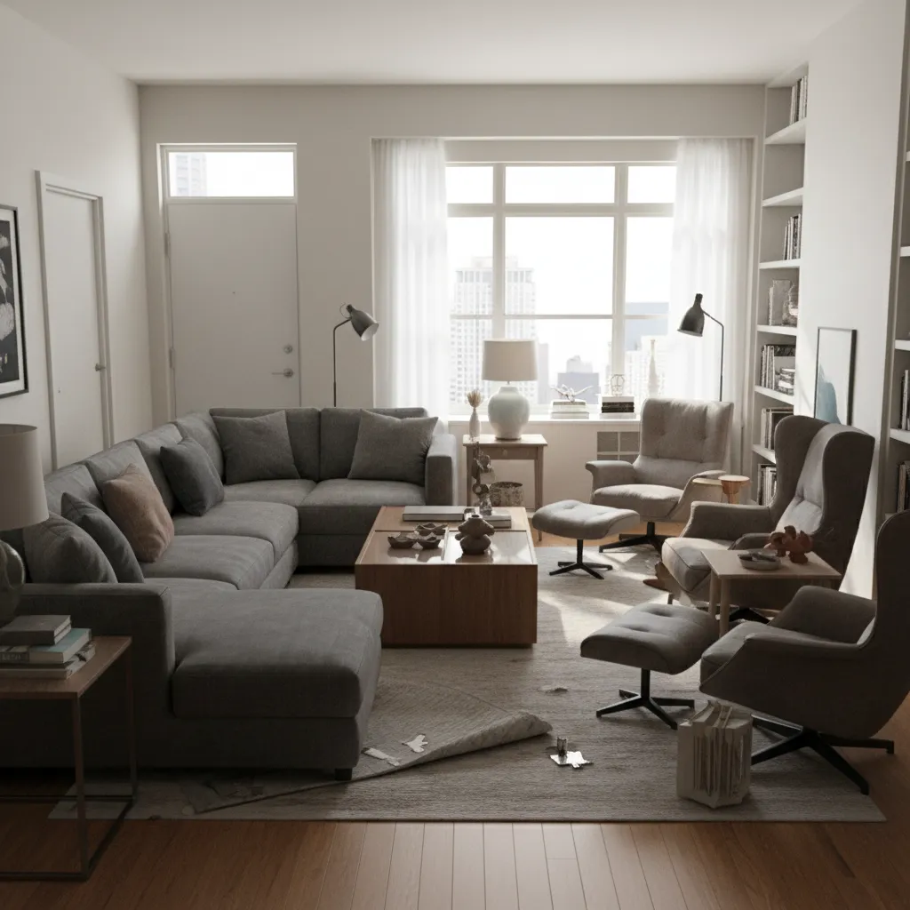 Living room with grey sofa coffee table armchairs with footrests and a rolled up rug