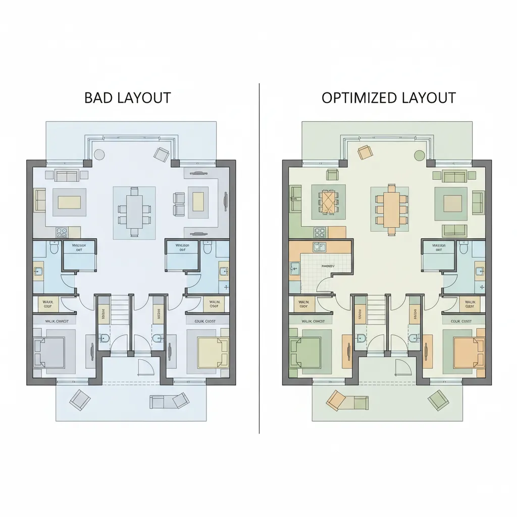 Comparación entre una mala distribución de casa y una distribución optimizada