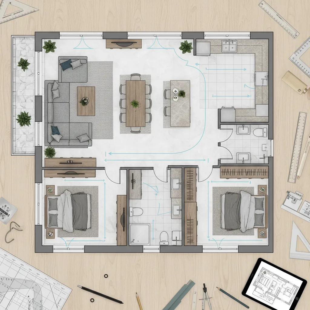 Plano de vivienda mostrando zonas de circulación y distribución de muebles