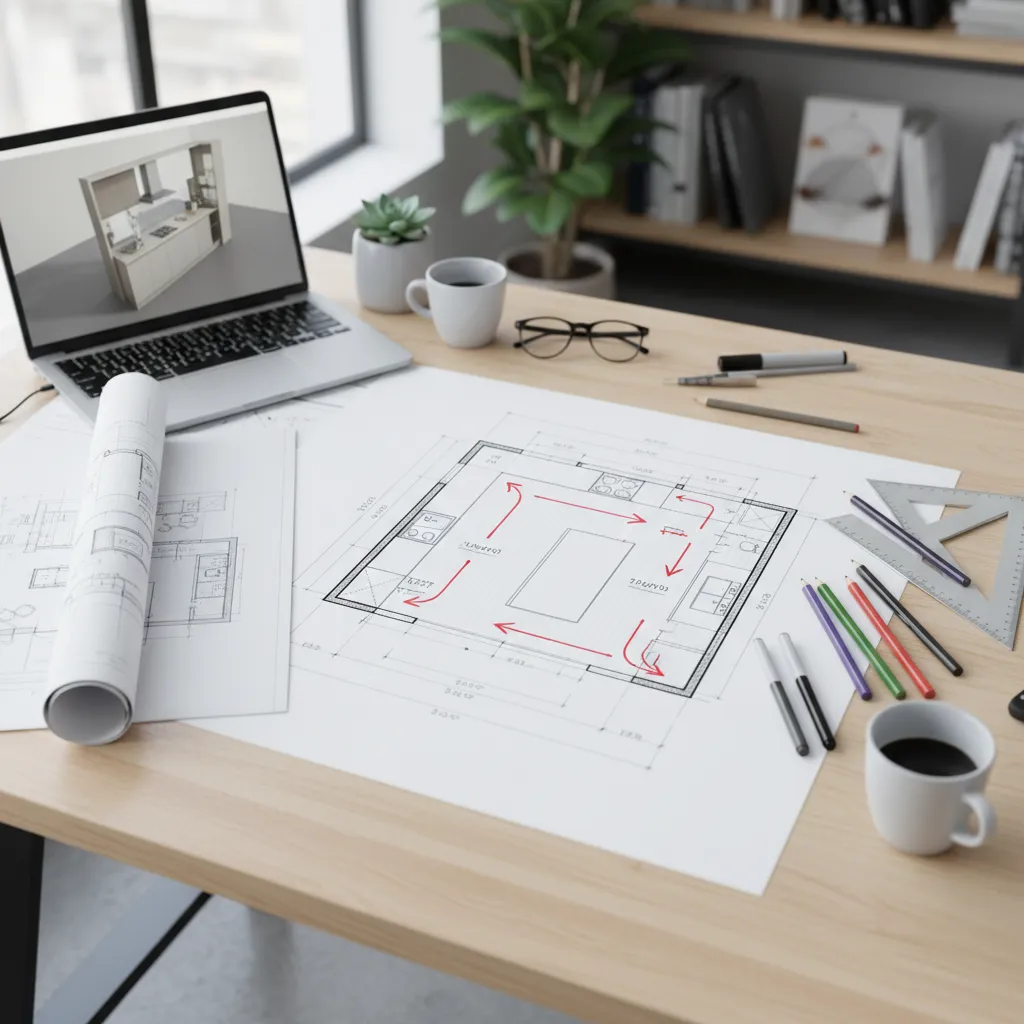 Plano de cocina mostrando problemas de circulación entre muebles