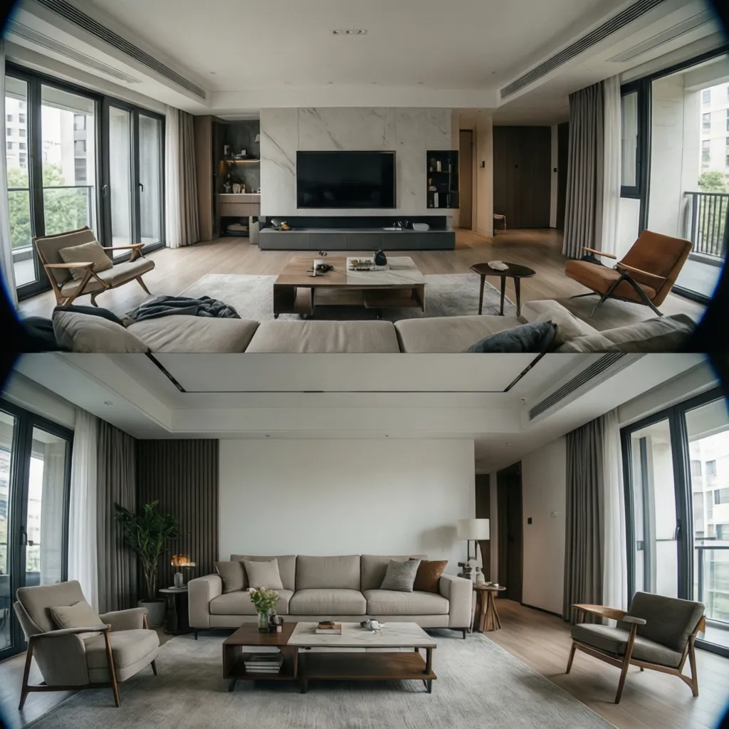 Comparison of two modern living room layouts with sofa coffee table armchairs and wood floors