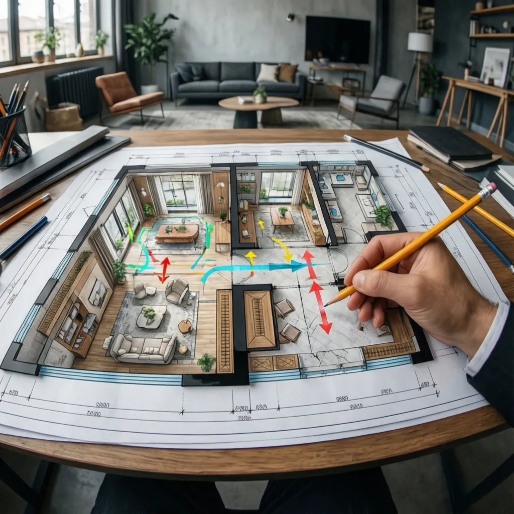 Hand drawing on room layout with colorful arrows showing the movement path in living room
