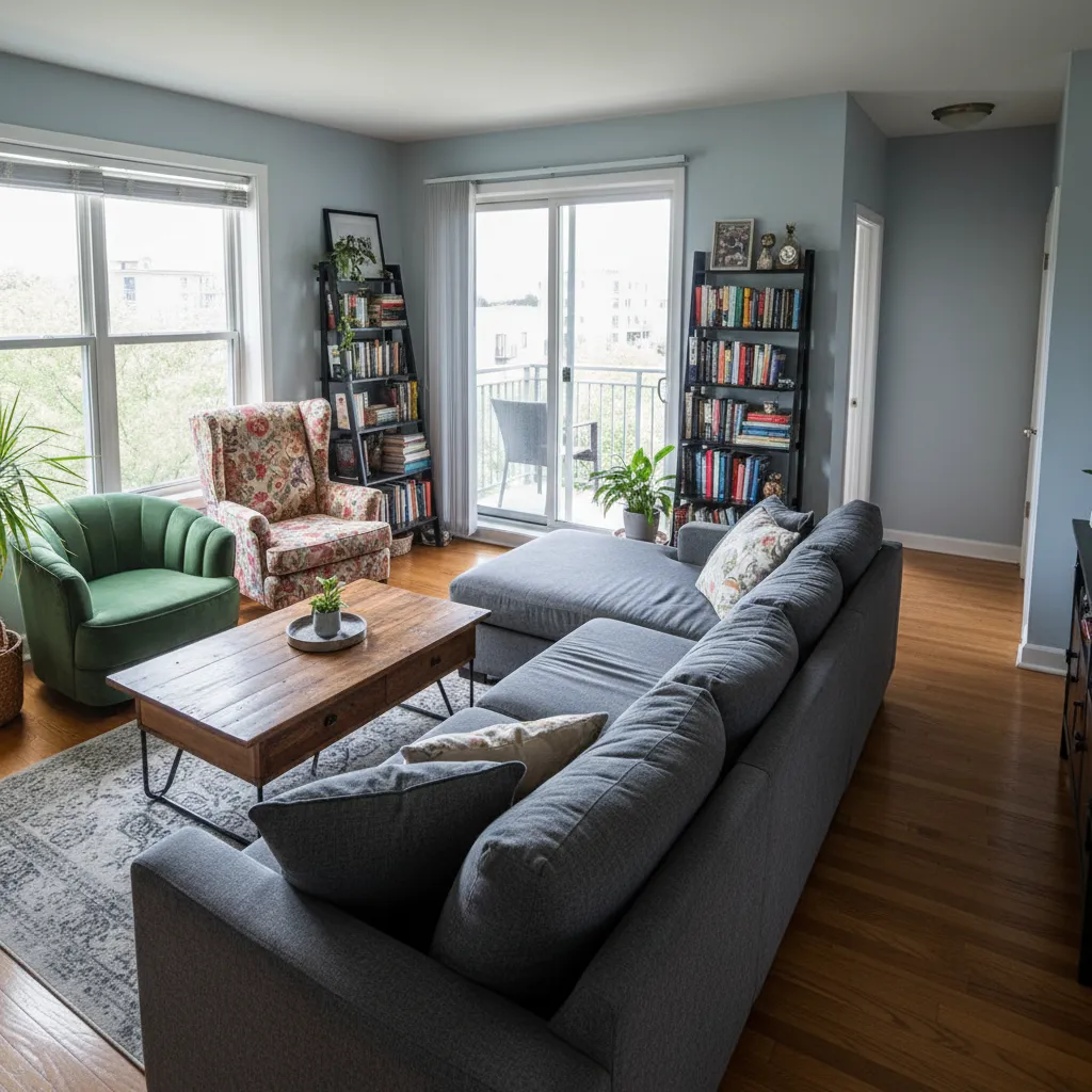 Sala mal distribuida con circulación incómoda y muebles demasiado grandes