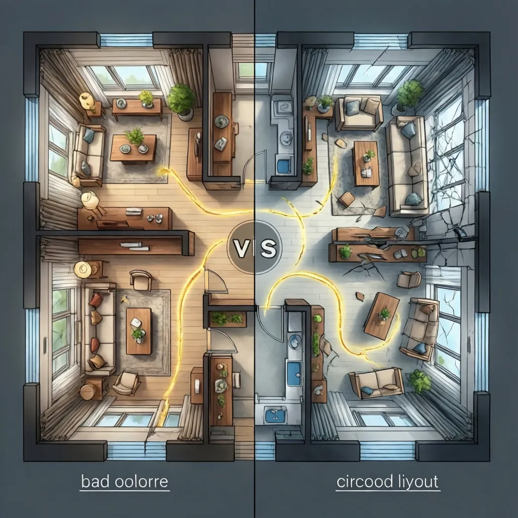 Comparación entre mala y buena distribución de muebles en plano