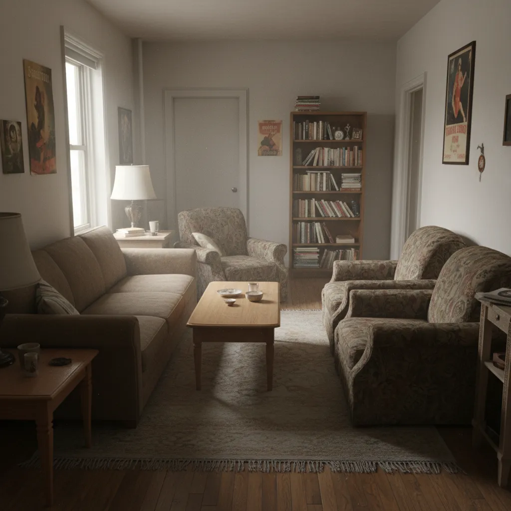 Cozy living room with brown sofa wooden coffee table patterned armchairs tall bookshelf and posters