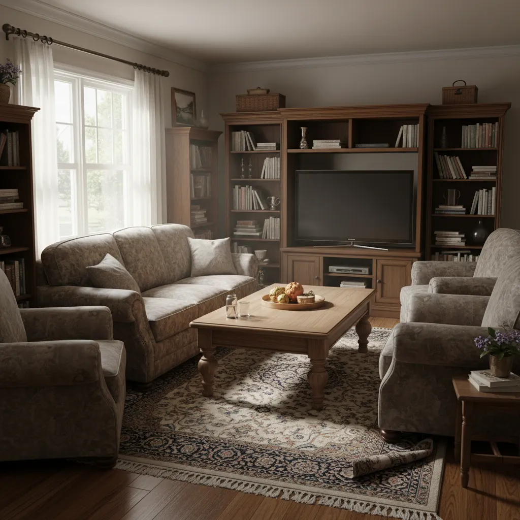 Classic living room with brown sofa wooden cabinet television large rug and bright natural light