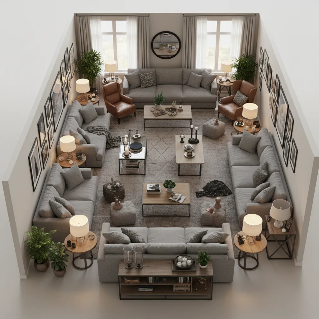 Ejemplo de sala con demasiados muebles en un plano digital