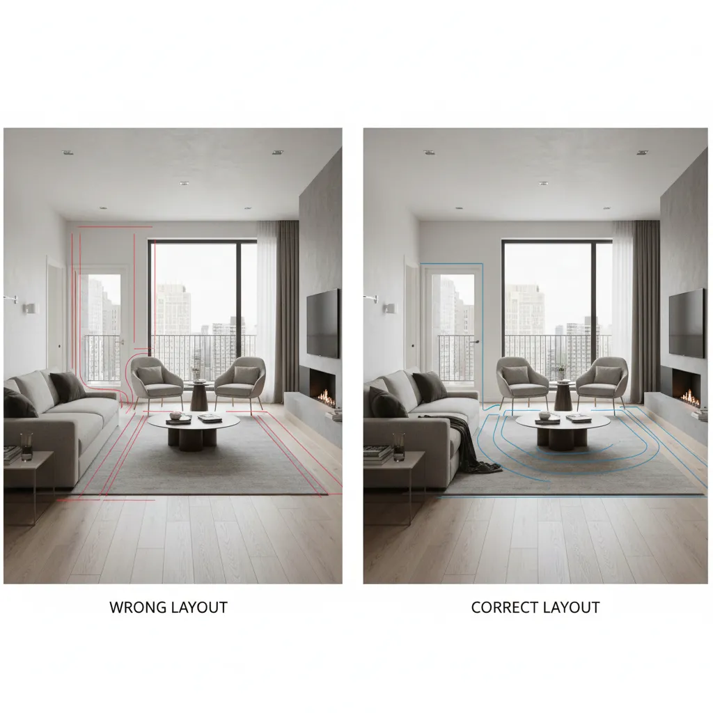 Comparación visual entre una mala distribución de muebles y una distribución optimizada