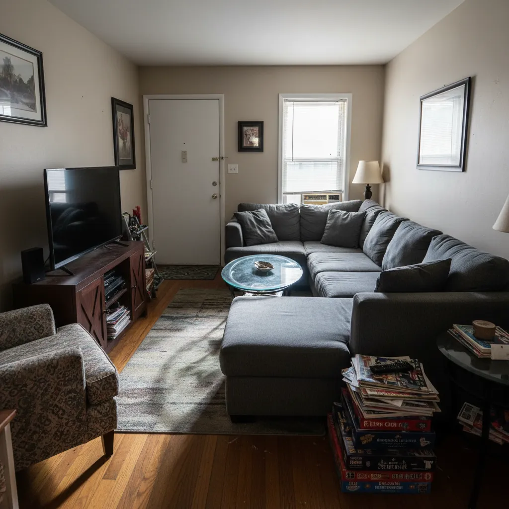 Ejemplo de mala distribución de muebles que bloquea el paso en una sala