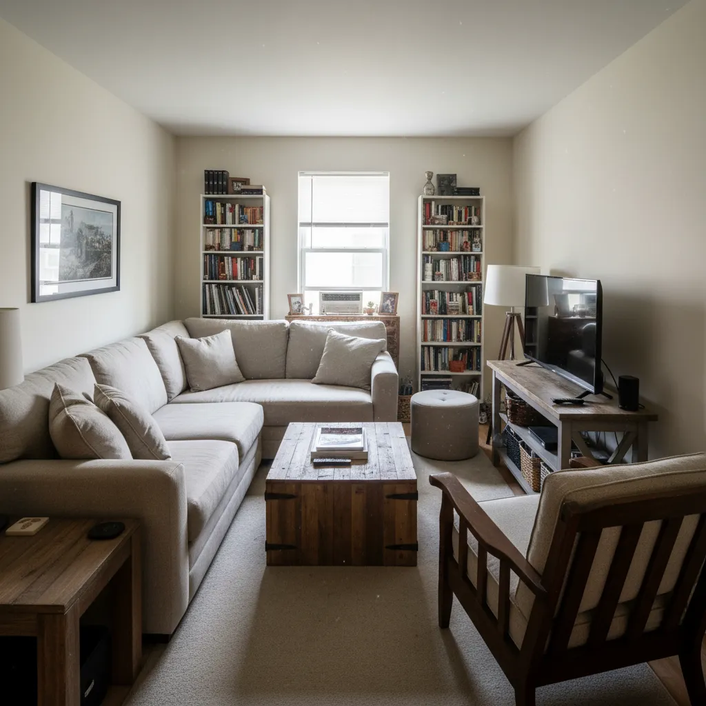 Small living room layout with beige sofa wooden coffee table bookshelves and a television stand