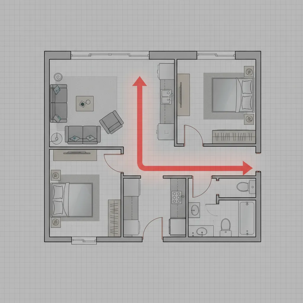 Plano de habitación mostrando problemas de circulación entre muebles