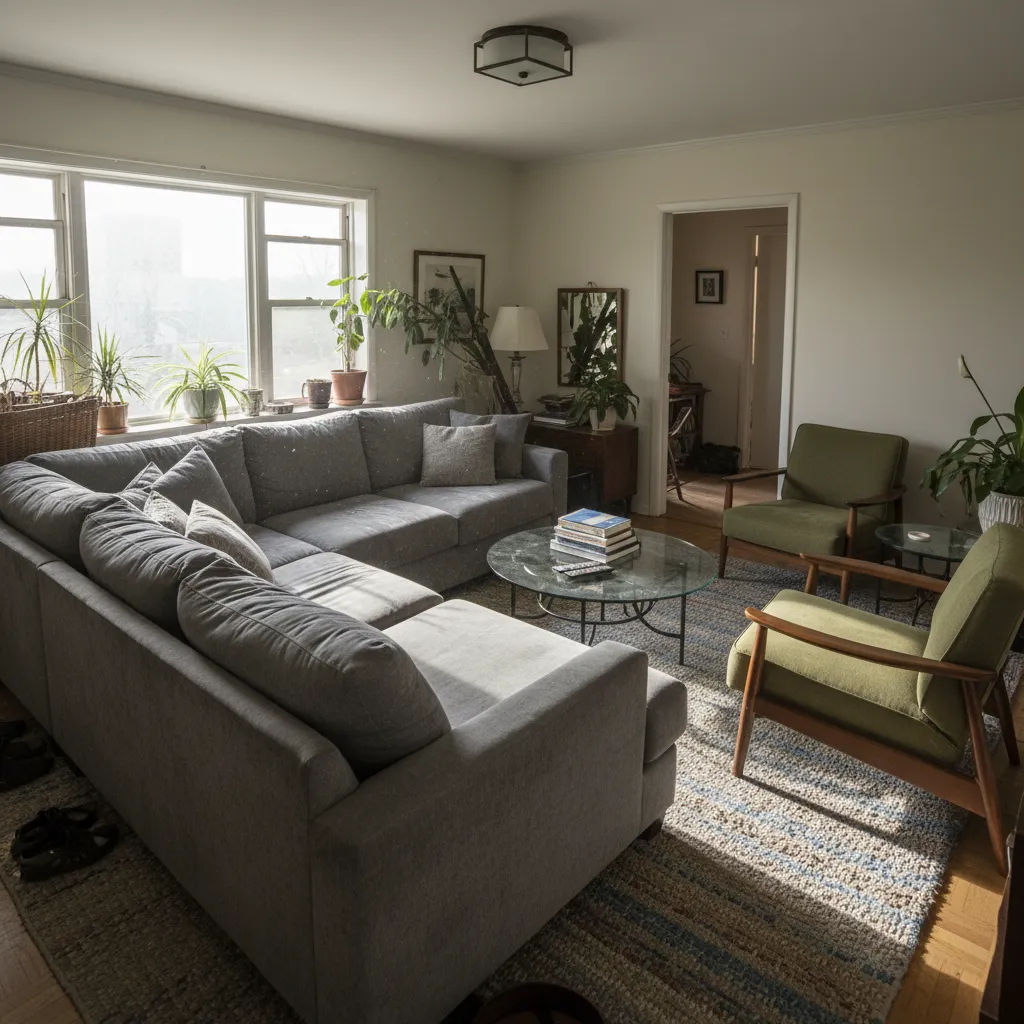 Living room featuring gray sofa, green chairs, glass coffee table, striped rug, and many plants