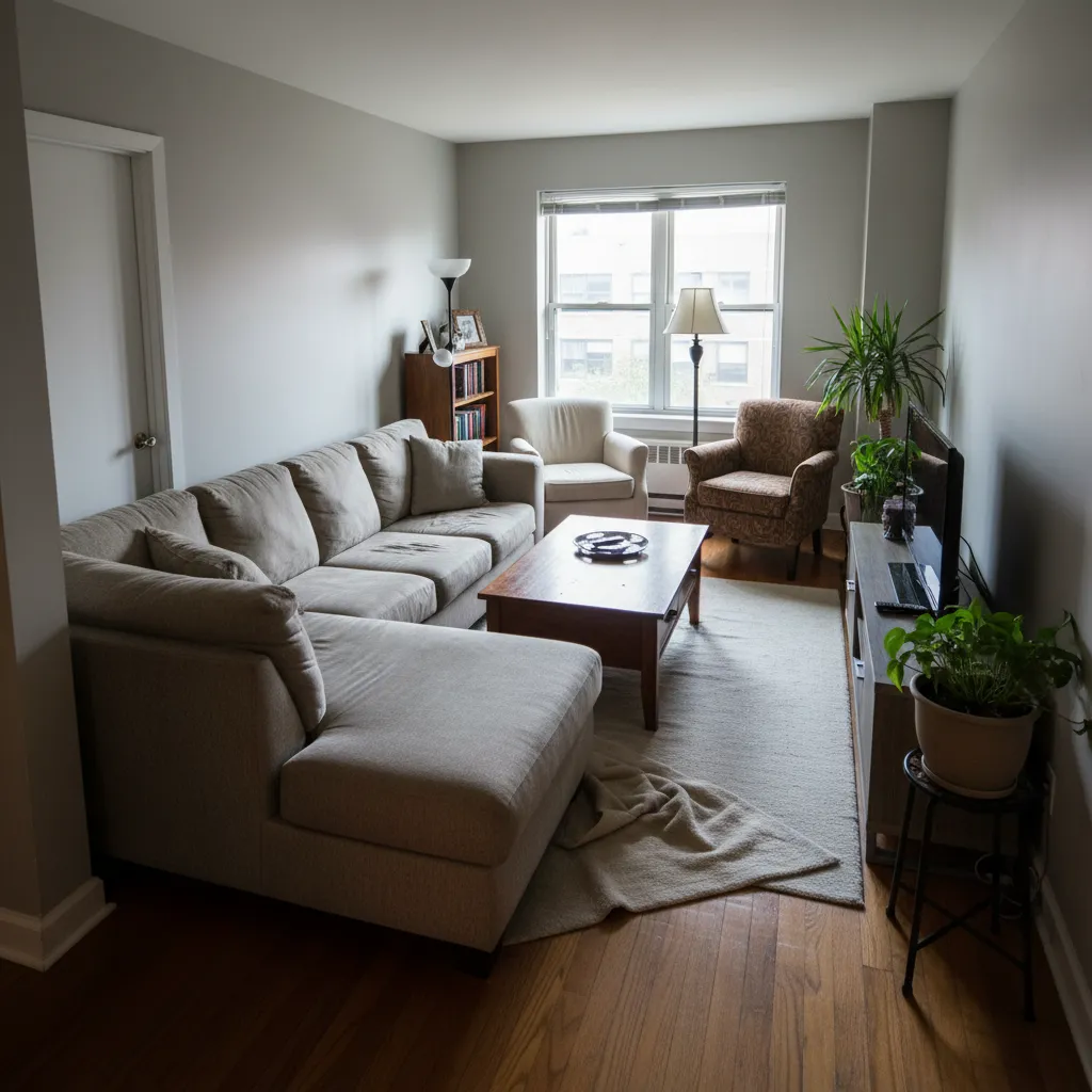 Salón con mala distribución de muebles que bloquea la circulación