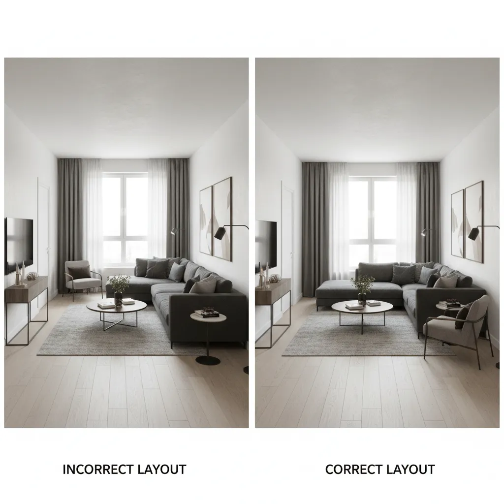 Comparación de distribución incorrecta y correcta de muebles en salón