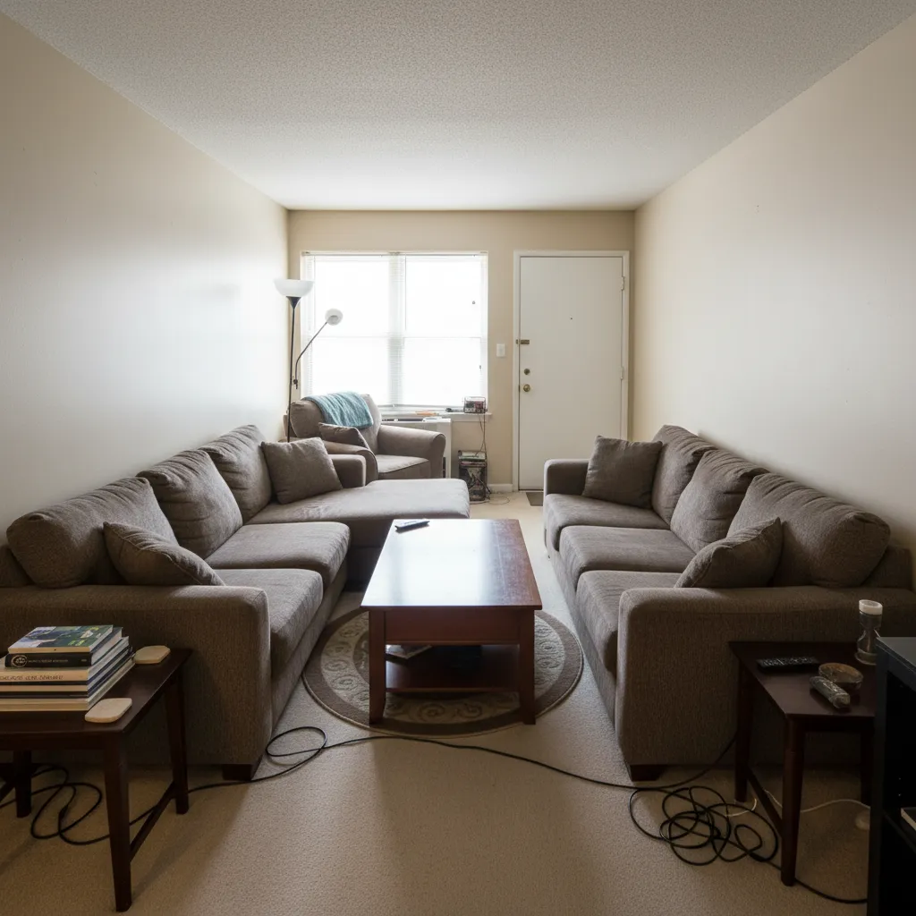 Ejemplo de mala distribución de muebles en una sala pequeña