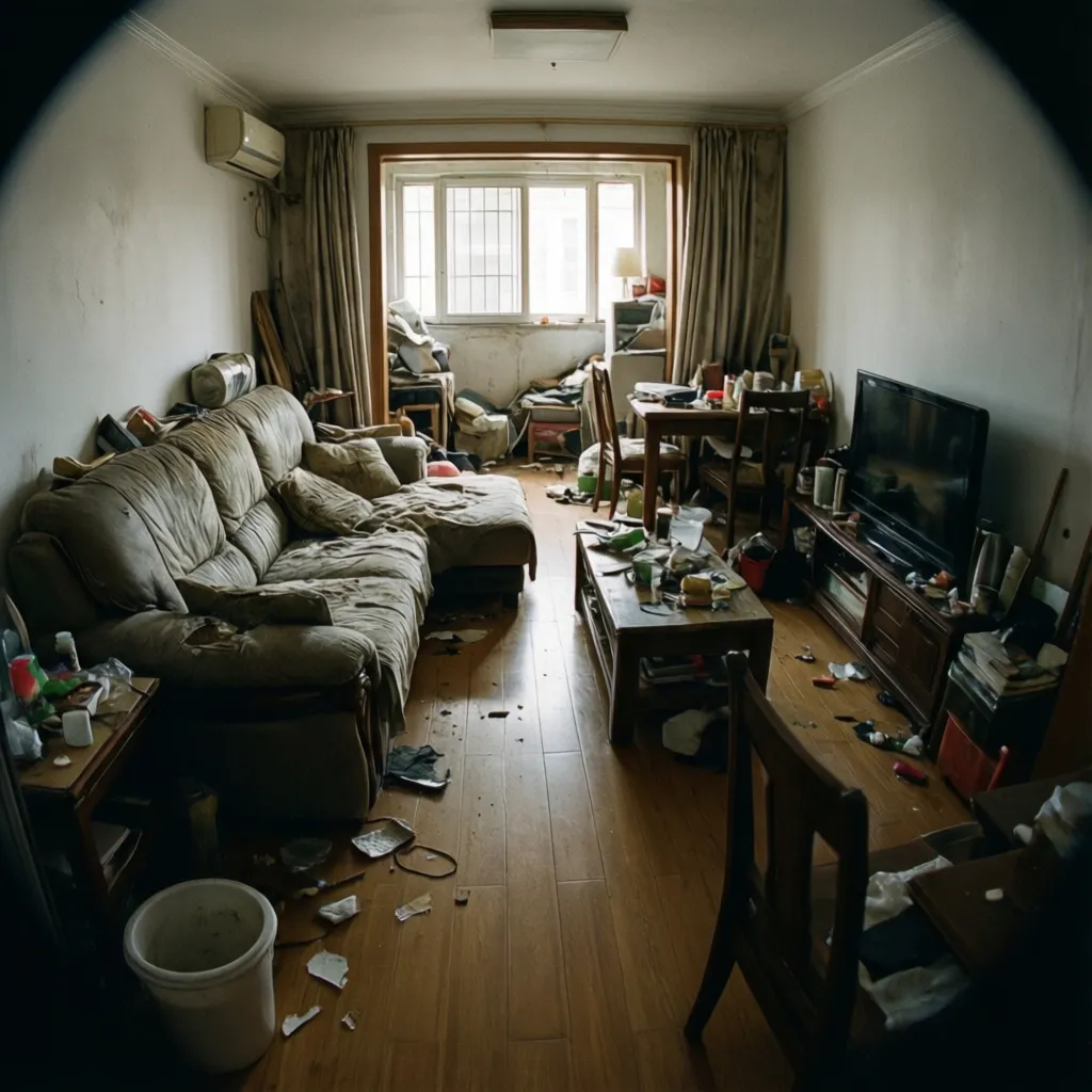 Messy living room with old sofa, trash on floor, and cluttered coffee table before renovation