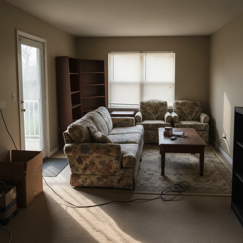 Sala de estar mal distribuida con muebles desordenados y poco espacio de circulación
