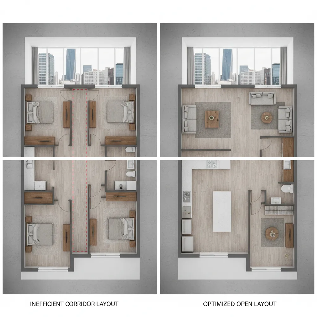 Comparison showing an inefficient corridor layout versus an optimized open room layout for an apartment
